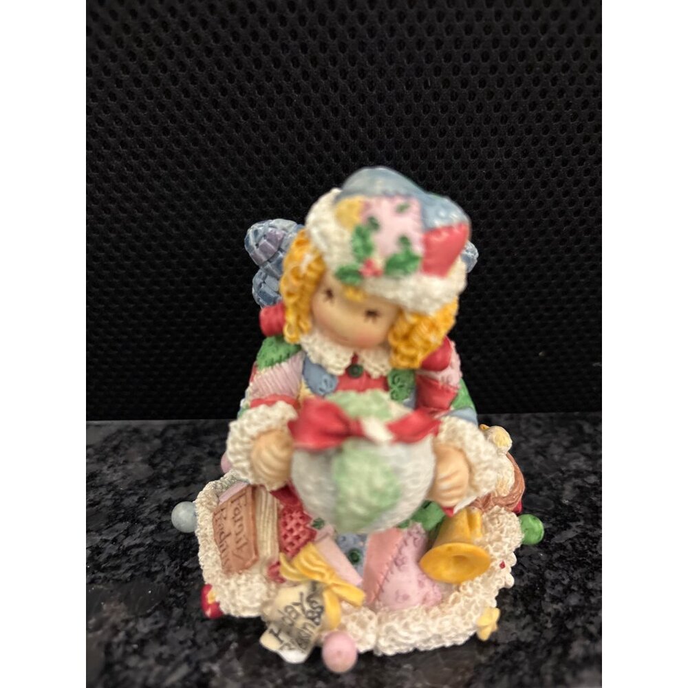 Enesco Cherished Teddies Angel Figurine With Patchwork Outfit & Gift Basket
